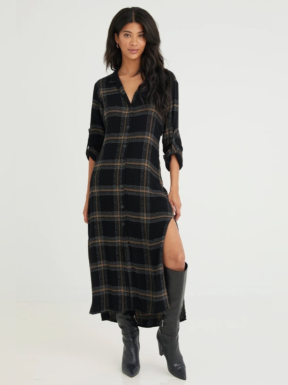Bella Dahl Rolled Sleeve Duster Shirt Dress Black Honey Plaid XS NWT